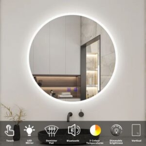 Round LED Bathroom Mirror with Demister Pad and Bluetooth 3 Colors Dimming Function