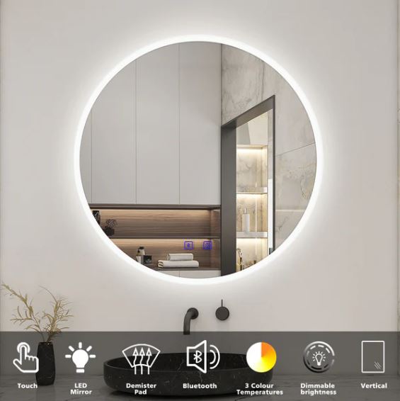 Round LED Bathroom Mirror with Demister Pad and Bluetooth 3 Colors Dimming Function